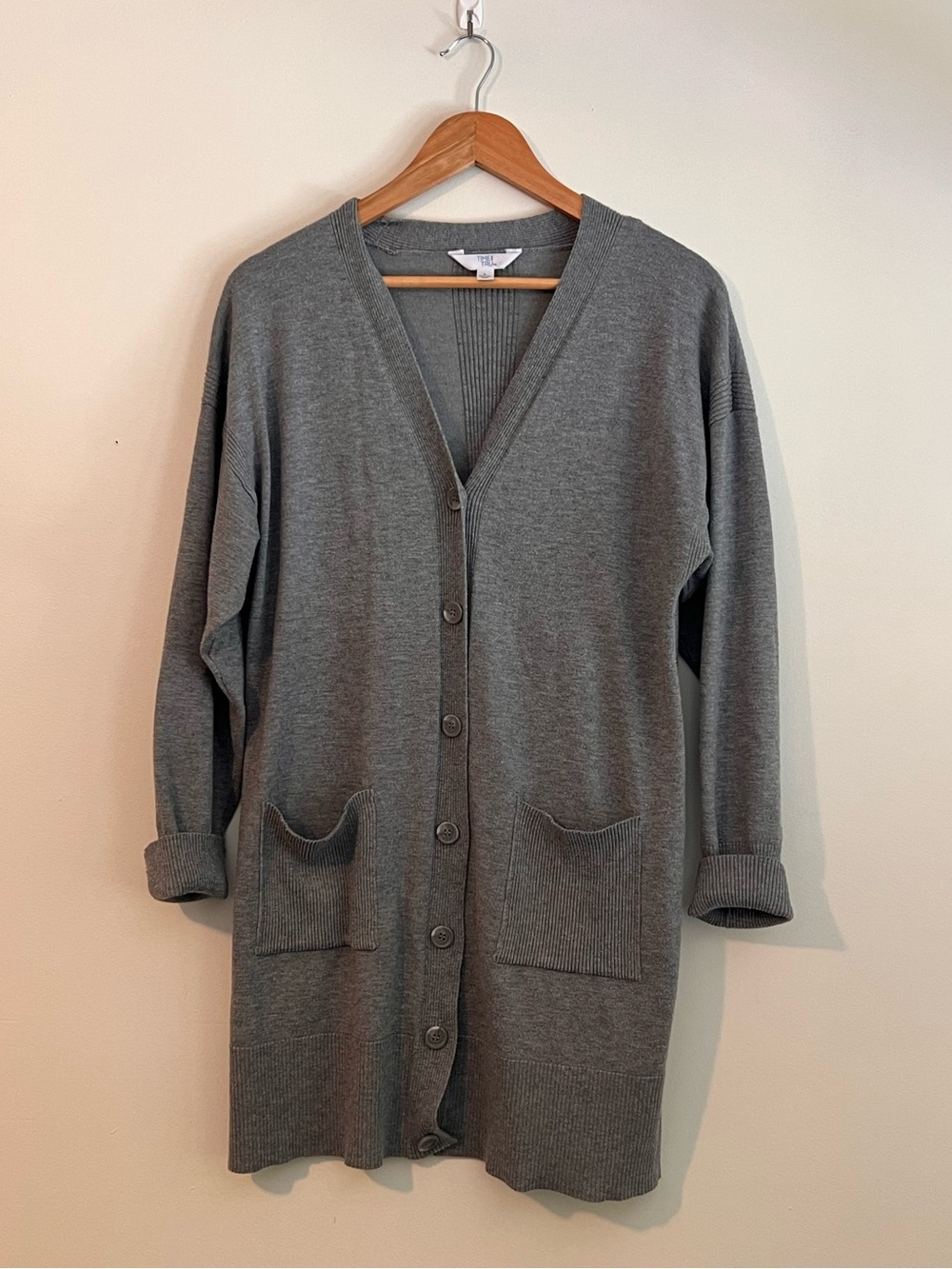 Time and Tru Gray Button-Front Long Cardigan